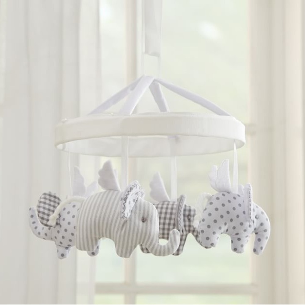 Pottery Barn Kids Grey Flying Elephant Gingham Crib Mobile Baby w/arm & musicbox